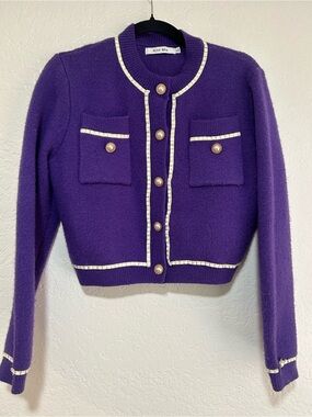 Purple Cropped Contrast-Trim Pearl Button Cardigan